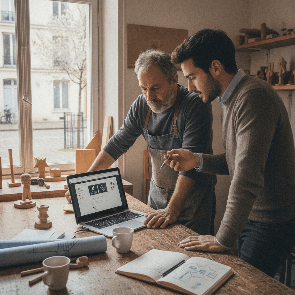 Artisan de Nanterre échangeant avec un webmaster devant un ordinateur pour préparer le site de son entreprise