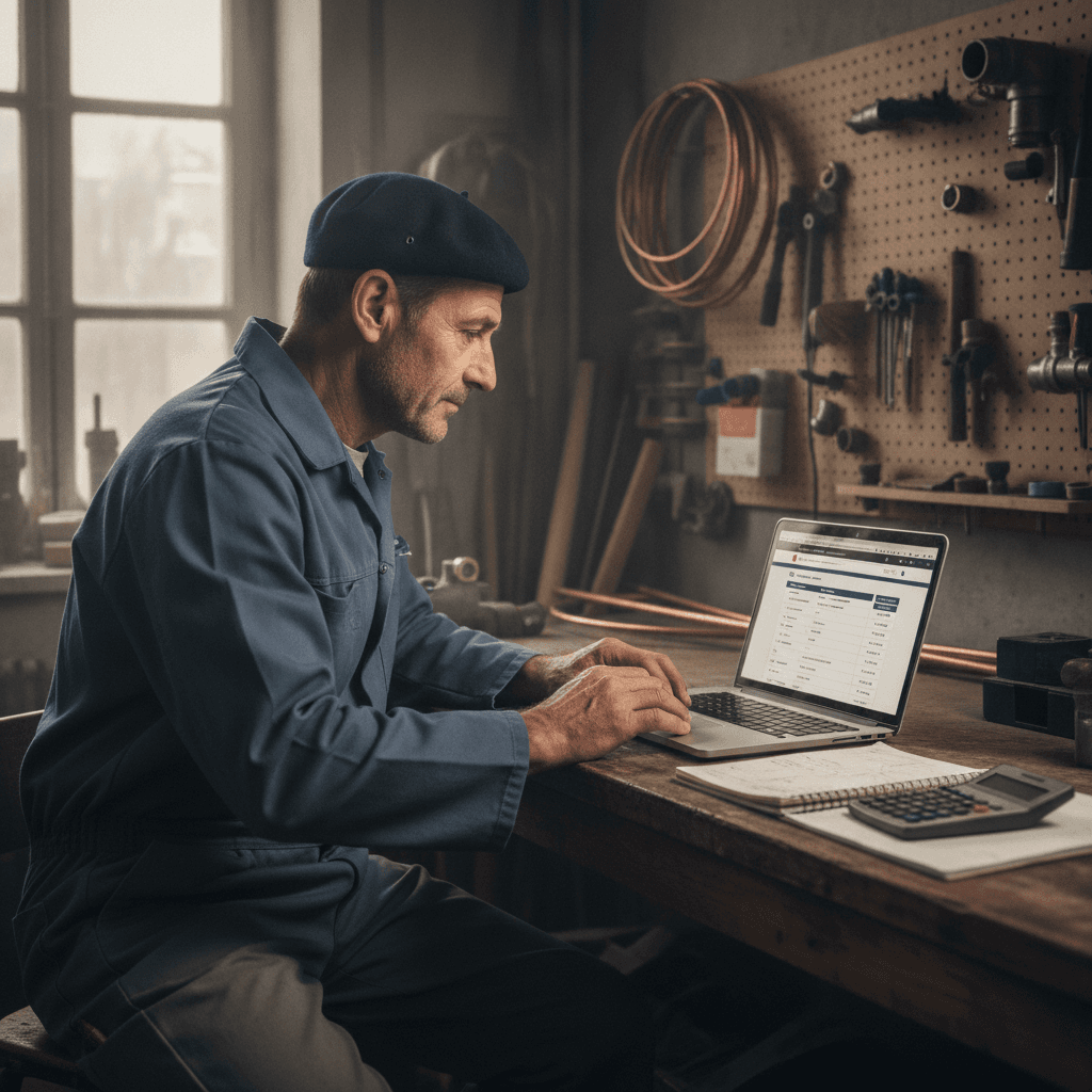 Artisan plombier consultant un devis de site internet dans son atelier près de Boulogne-Billancourt