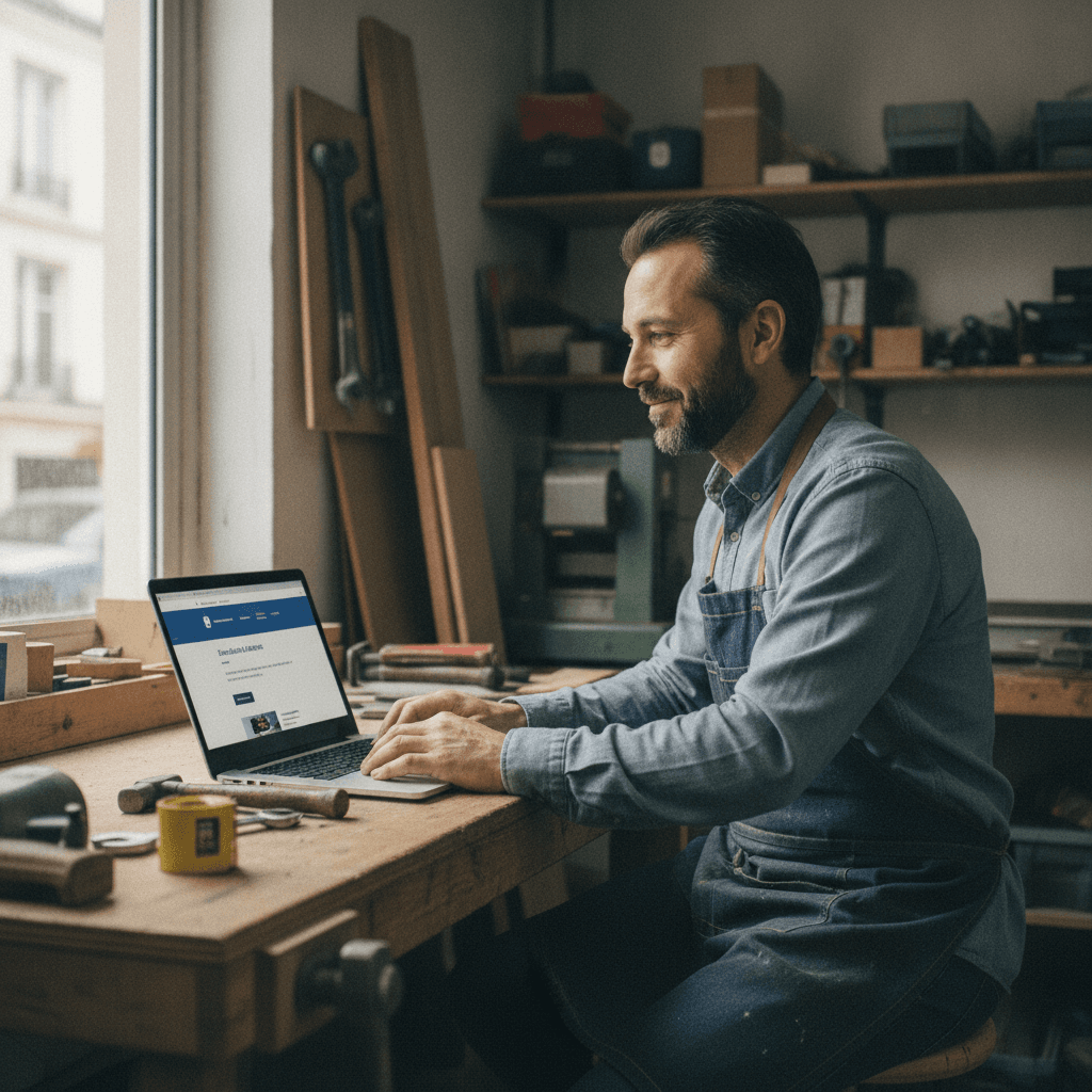Artisan plombier de Nanterre consultant le site de son entreprise sur un ordinateur portable dans son atelier