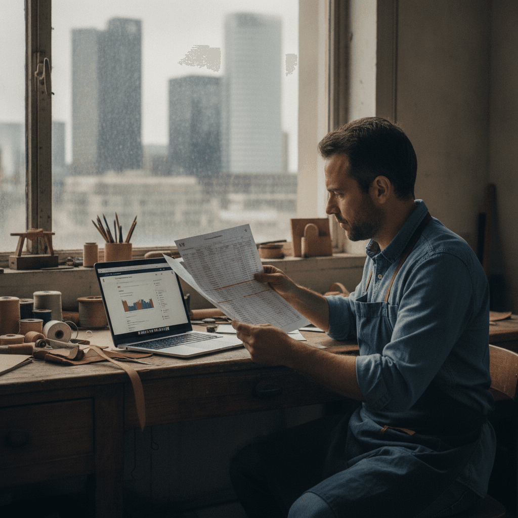 Artisan comparant plusieurs devis de site web sur son bureau d'atelier à Nanterre