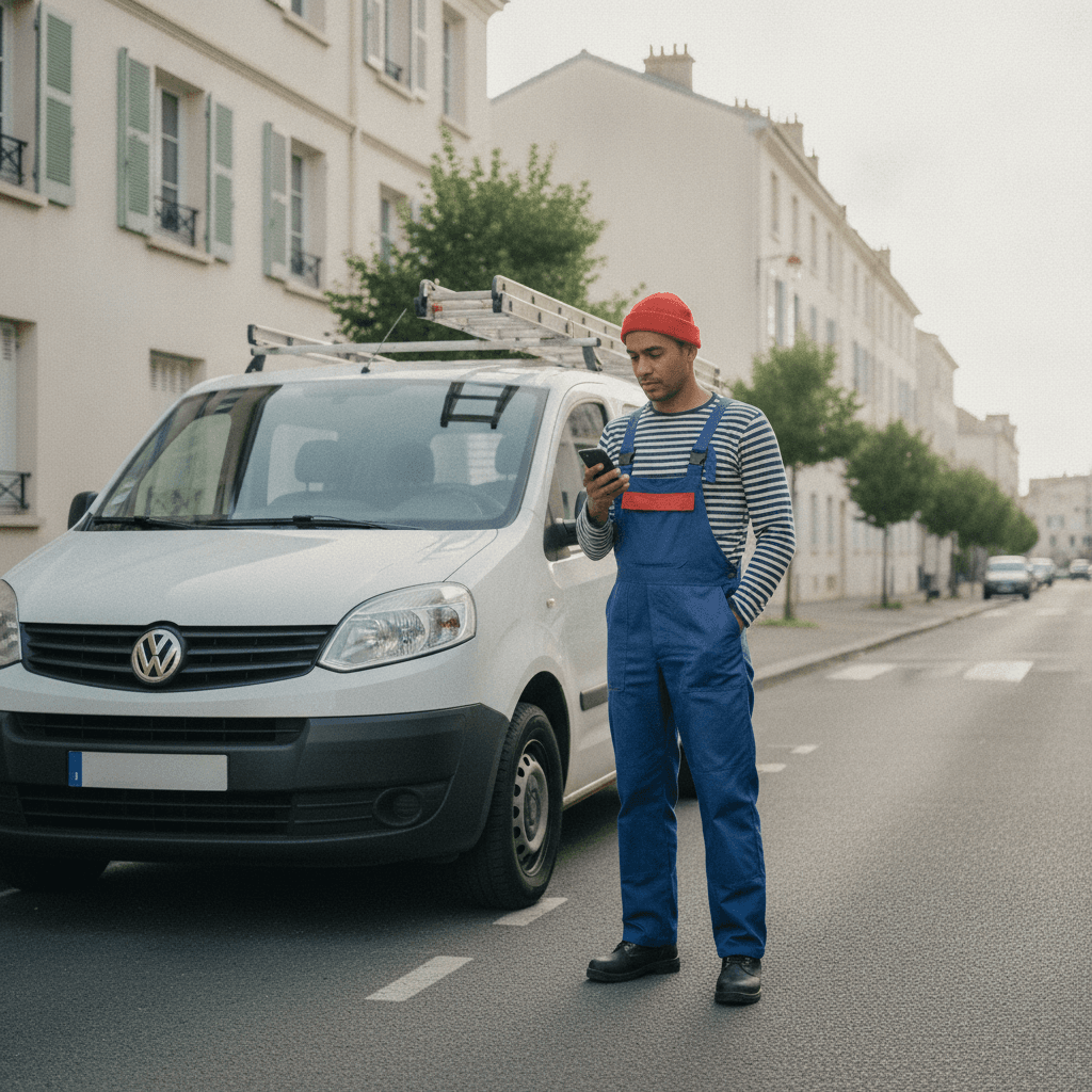Artisan plombier consultant sa fiche d'entreprise sur smartphone devant un immeuble à Nanterre, référencement local